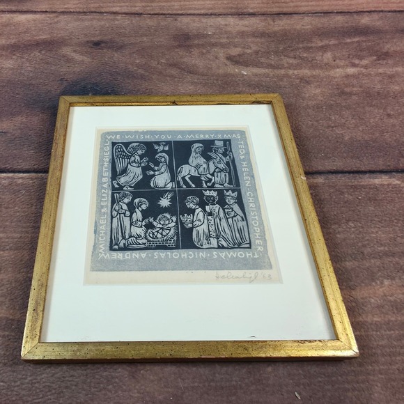 Helen Siegl Other - Helen Siegl Nativity Woodblock Print Art 8.5x9.5 Gold Good 1963 Signed Christmas